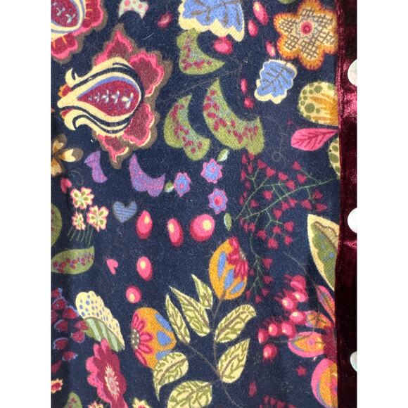 Amanda Blue Velvet Trimmed Floral Button Down Shirt Blouse Womens Size‎ Medium - Picture 2 of 5
